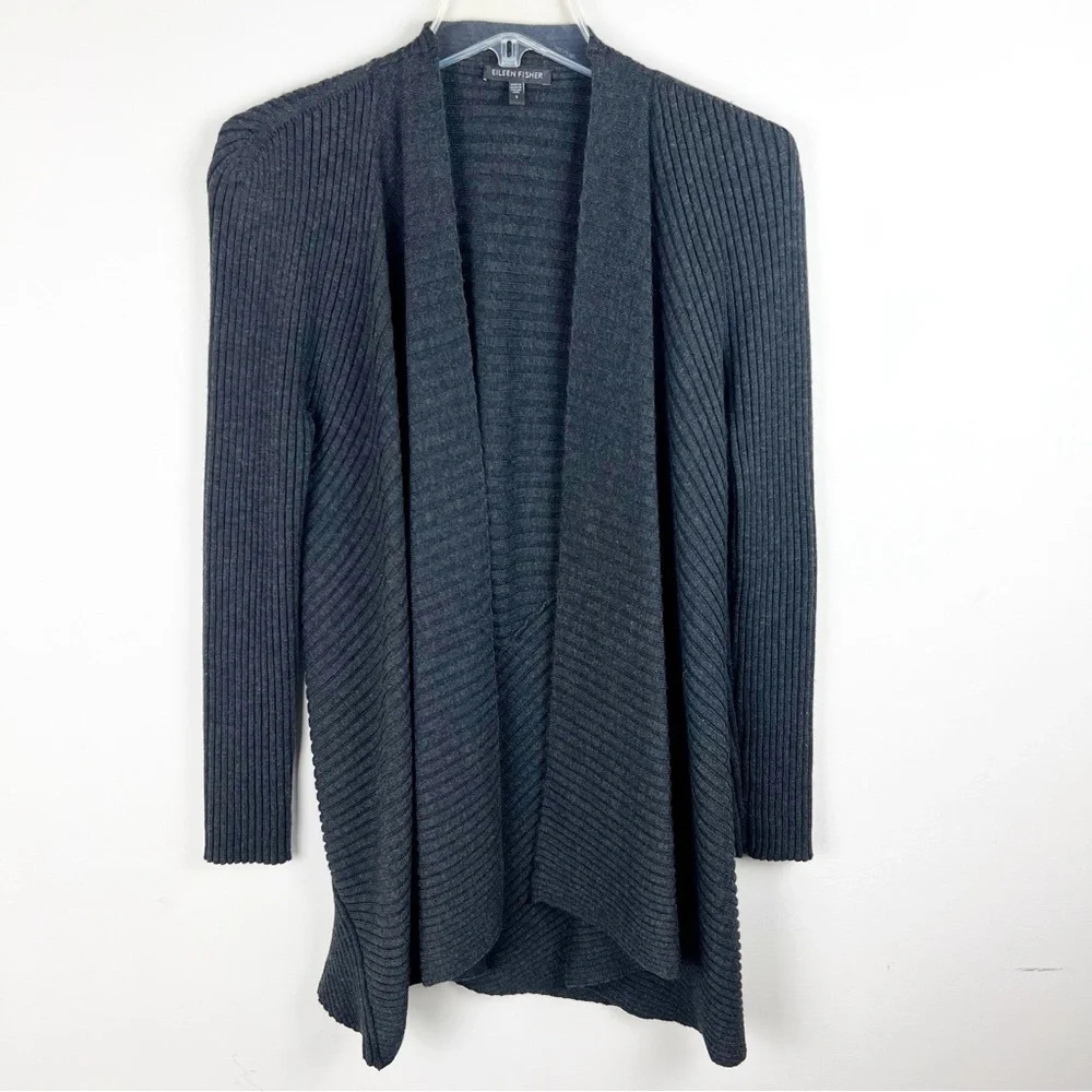 Eileen Fisher Merino Wool Open Front Long Lagenlook Cardigan Small Cozy Sweater - Picture 13 of 14